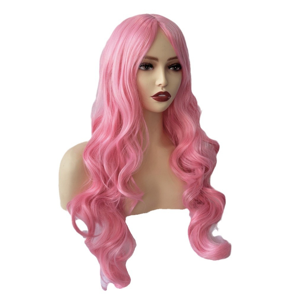 Wig for women with middle-parted bangs long hair and big waves pink wigs