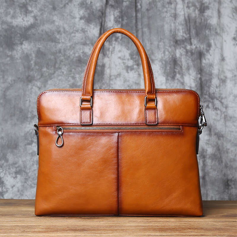 Vintage Genuine Leather Men's Briefcase Natural Cowhide Horizontal Handbag Business Crossbody Casual Computer Bag