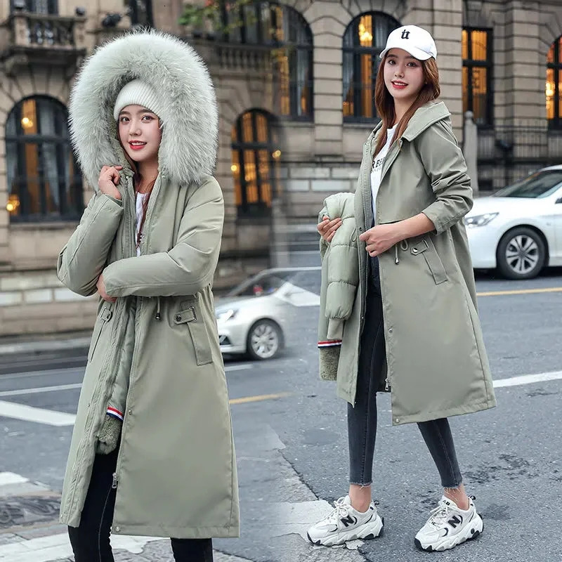 Winter Jacket Womens Parkas Thick Warm Fur Lining Long Coat Hooded Female Fleece Padded Parka Distachable Outwear 241021