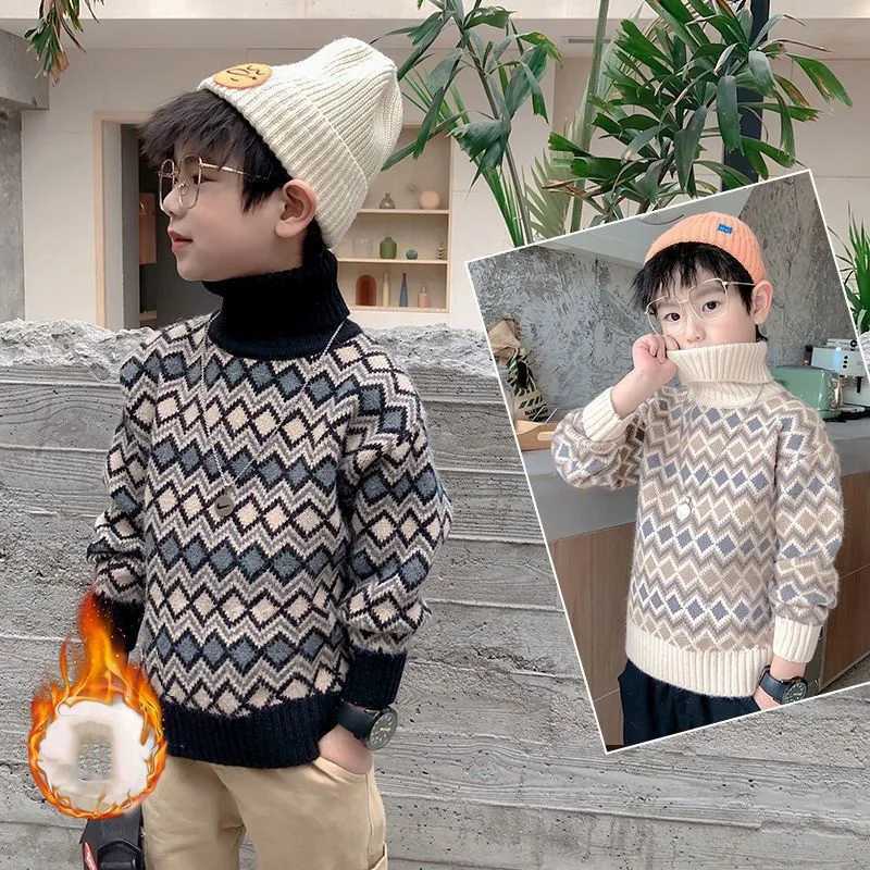 Autumn Children Boys Sweaters Cotton Argyle Thick Turtle Neck Babies Boys Pullover Long Sleeve Knitted Preschool Boys Bottom Top W241025