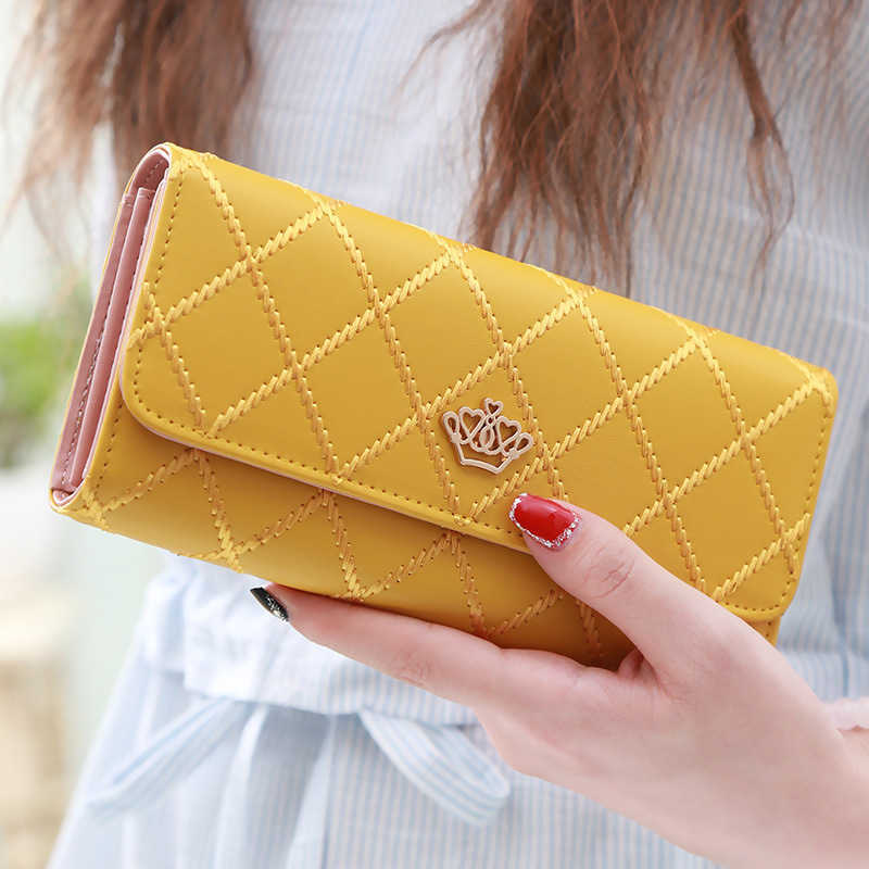CMM New Womens Wallet Long Multifunctional Diamond Grid Crown Embroidered Three Fold Wallet for Women Large Capacity Mobile Phone Bag