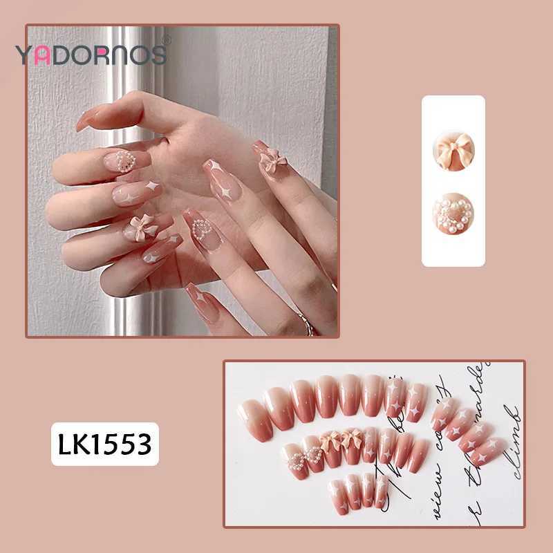 Gradient Pink Fake Nails Bowknot Pearl Love Heart Designs Y2K Girls Long Cofin Nails Press on Sweet Wearable False Nails 24PcsXJ241025