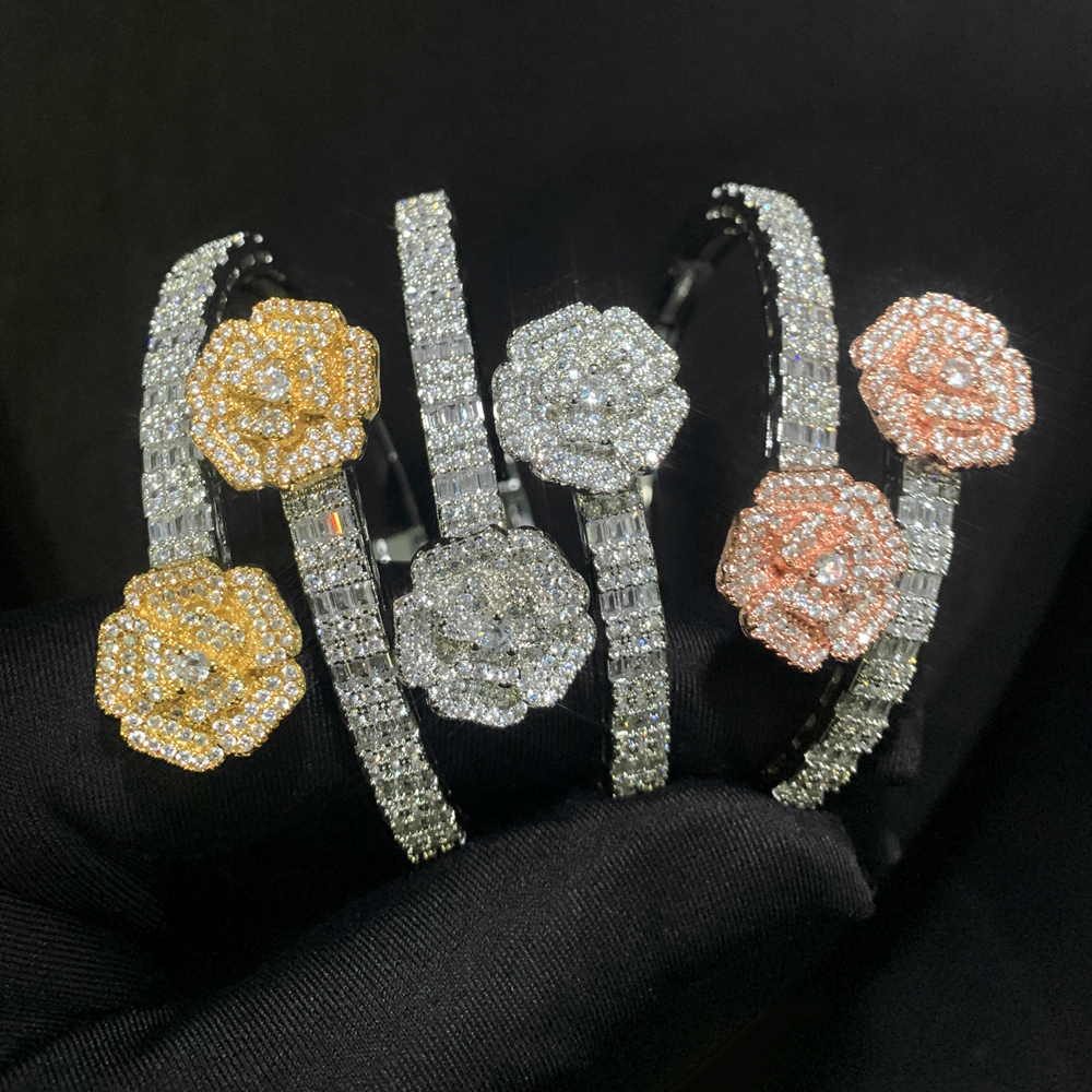 Fashion Flower Cubic Zircon Charm Bracelet Bling Cz Paved Iced Out Opened Rose Bangle for Men Women Hip Hop Luxury Jewelry
