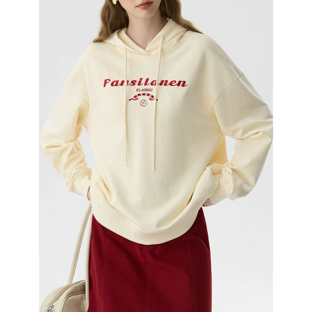 FSLE Women Winter Female Thicken Long Pullover Tops Letter Embroidery Drop Sleeve Casual Beige Hoodies 24Fs14538