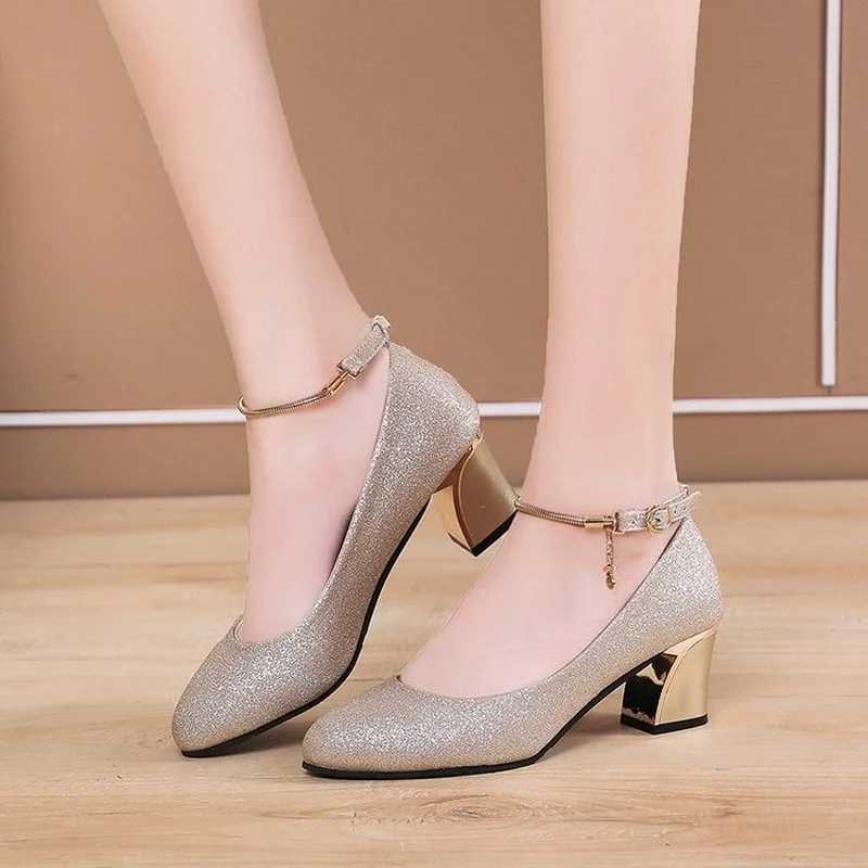 High Quality Womens Wedding High Heels Sier Blue Spring Ankle with Crystal Shallow Block High Heel Pump Women Plus Size T241024