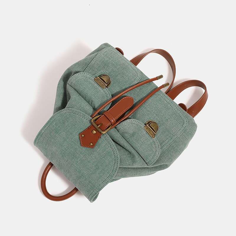 retro color blocking with a highend feel washed denim fabric small versatile fashionable backpack commuting