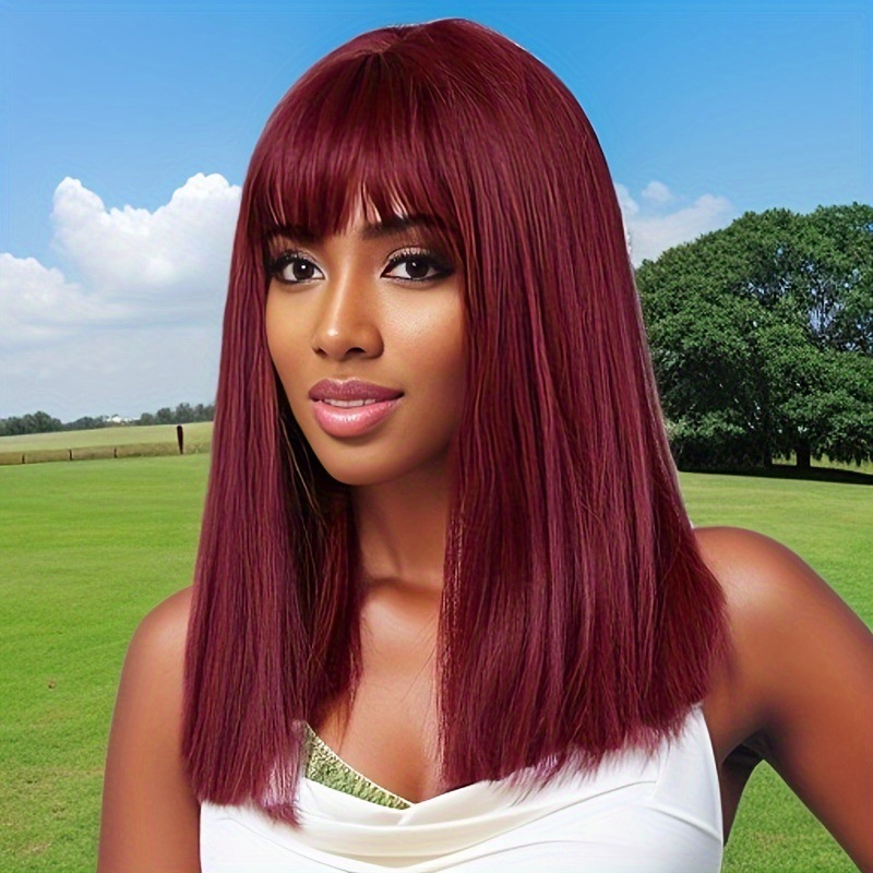 Beautiful girl long straight hair chemical fiber full head wig bangs wine red medium long hair wig