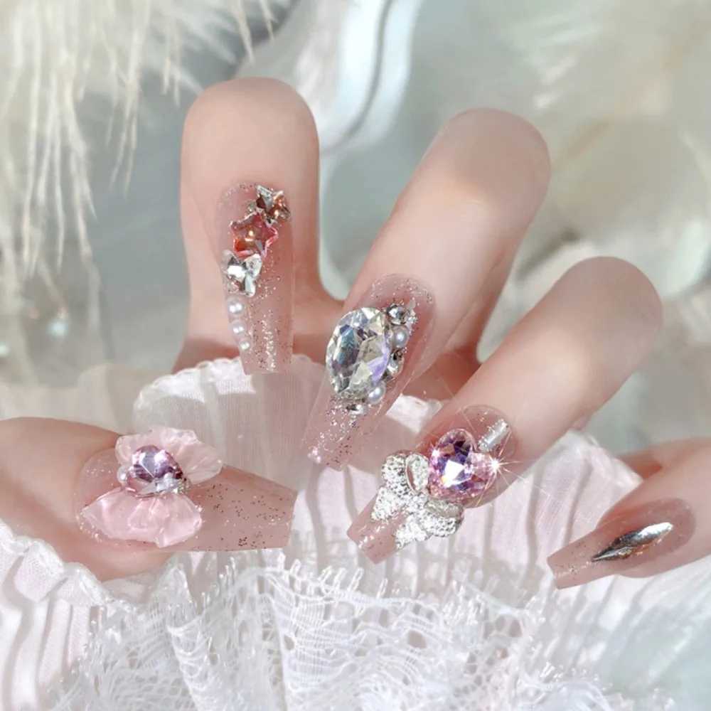 24Pcs Acrylic Handmade Press on Nails Medium Ballerina Fake Nails with Butterfly Rhinestone Wedding False Nails Party for GirlsXJ241025