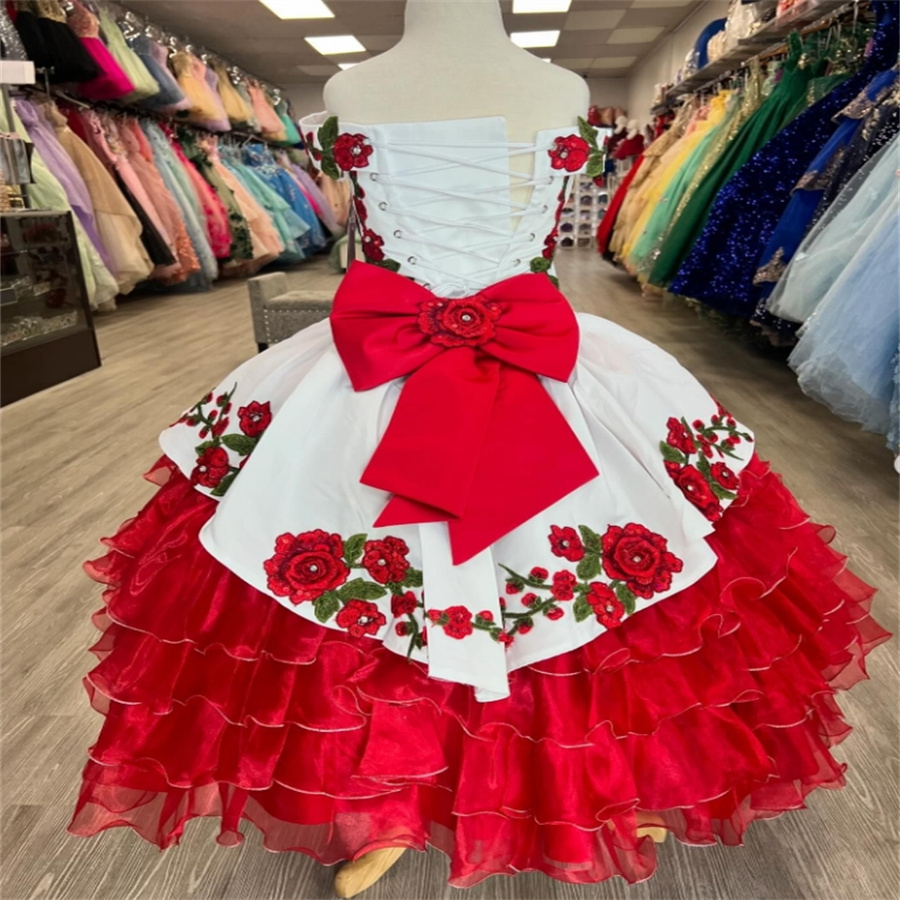 Princess Charro Flower Girls Dresses Red And White Tiered Ruffles 2025 Mexican Mariachi Toddler Escaramuza Kids Pageant Dress Cute Flowers Birthday Pa