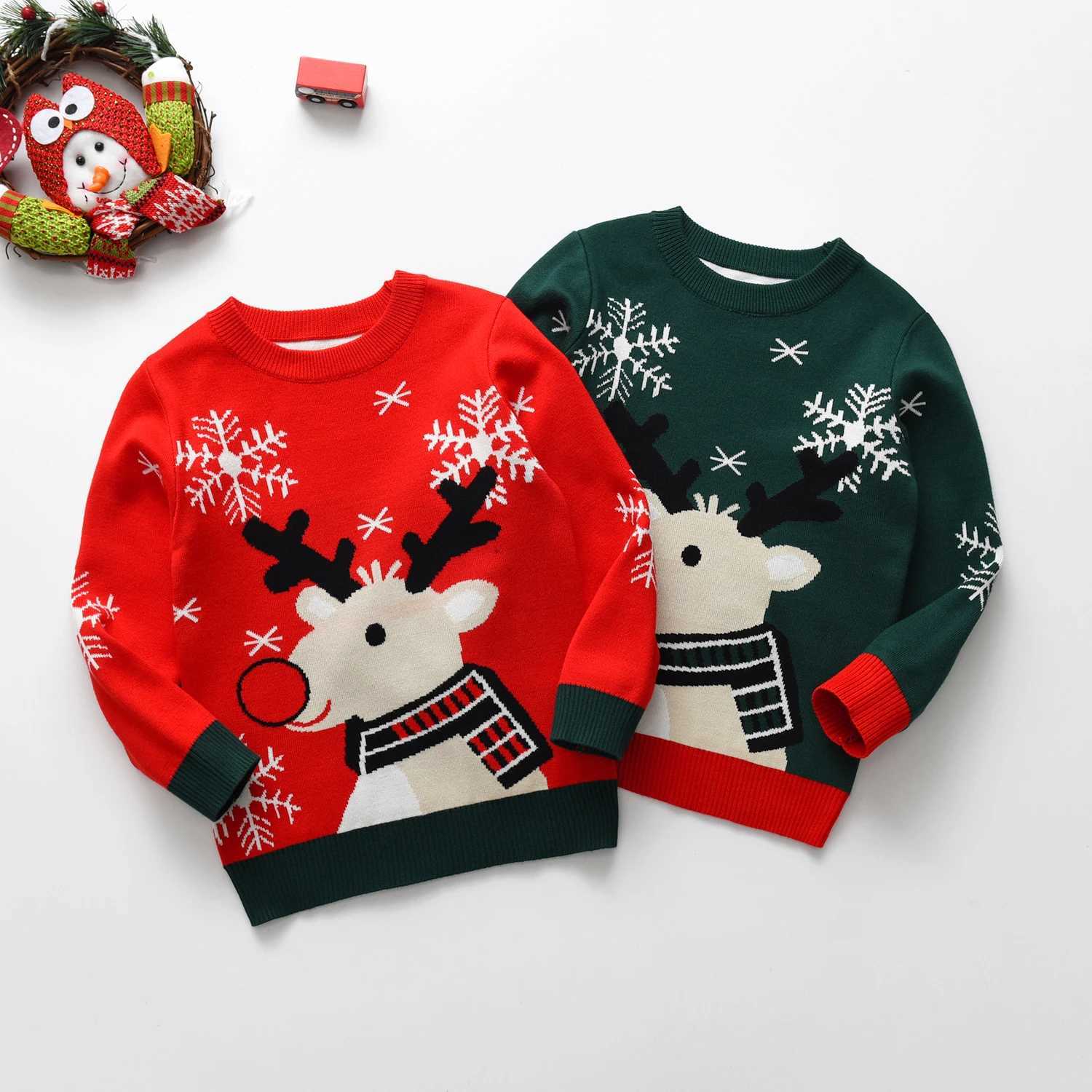 Christmas Childrens Sweater New Casual Baby Warm Elk Print Knitted Girls Sweater Boys and Girls Cute Christmas Tree Pulling Clothes W241025