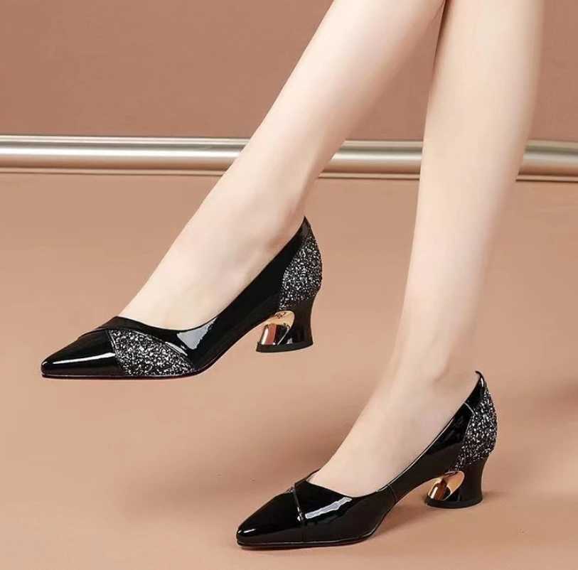 High Quality Fi Womens High Heel Pump 4CM Low Heel Elegant Womens Wedding Shoes Sexy Red Dot Toe Shallow Smooth Party Shoes T241024