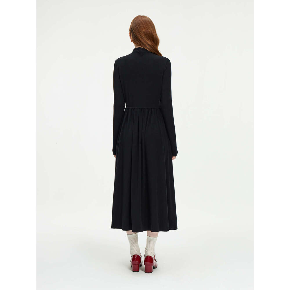 FSLE Knitted Mock Neck Winter Warm All-Match Black Long Pleated Design Dresses Women Sweater Dress 24Fs14498