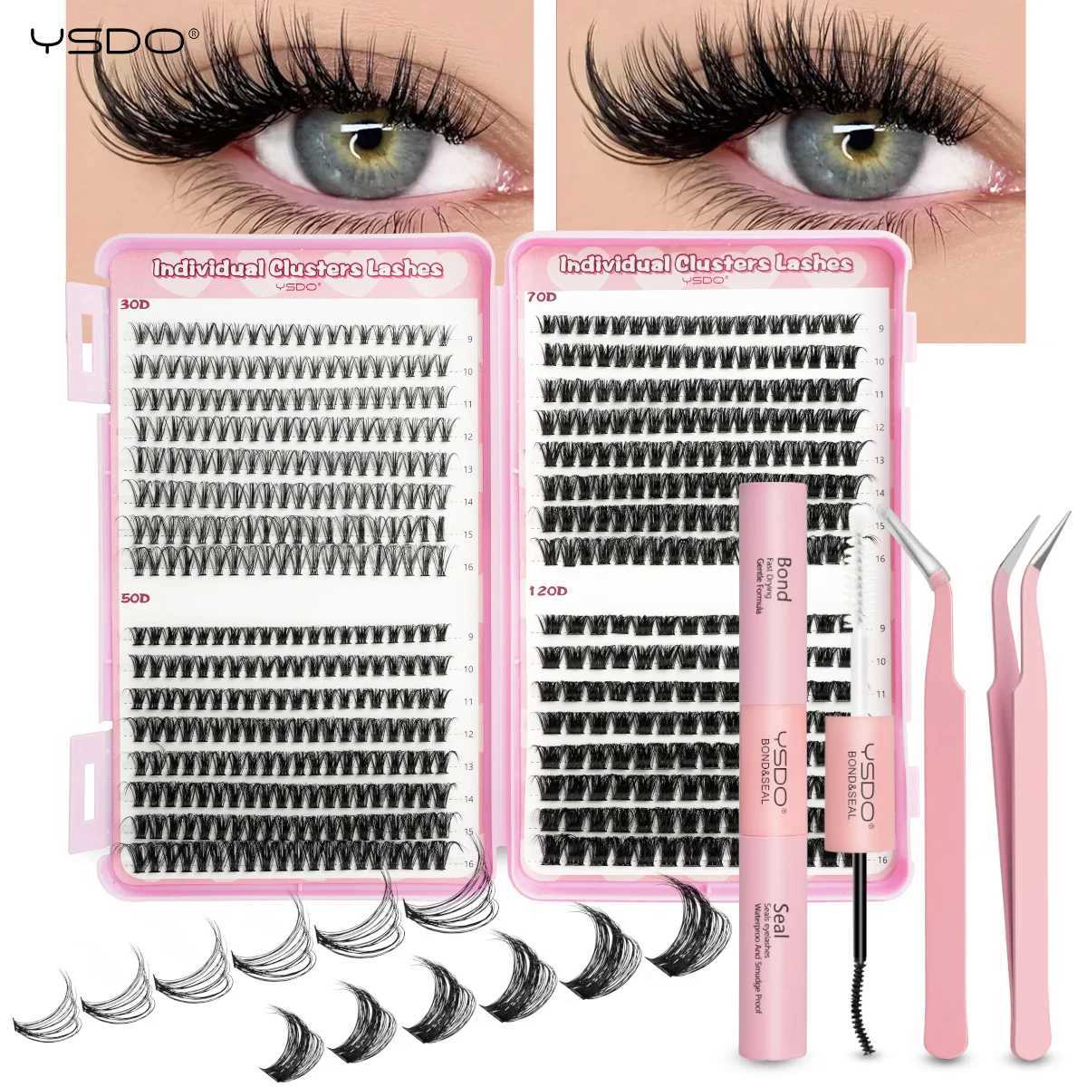 YSDO DIY eyelash extension kit 14/32P personal eyelash set D curled 9-16mm mixed 30D-120D eyelash clusters with adhesive and sealingW241024