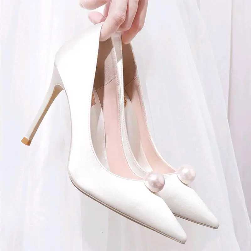 High Quality Womens Pump New Fi Womens Shoes Pointed White Pearl High Heels 8cm Stiletto High Heels Red Bridal Dress Pary Shoes T241024