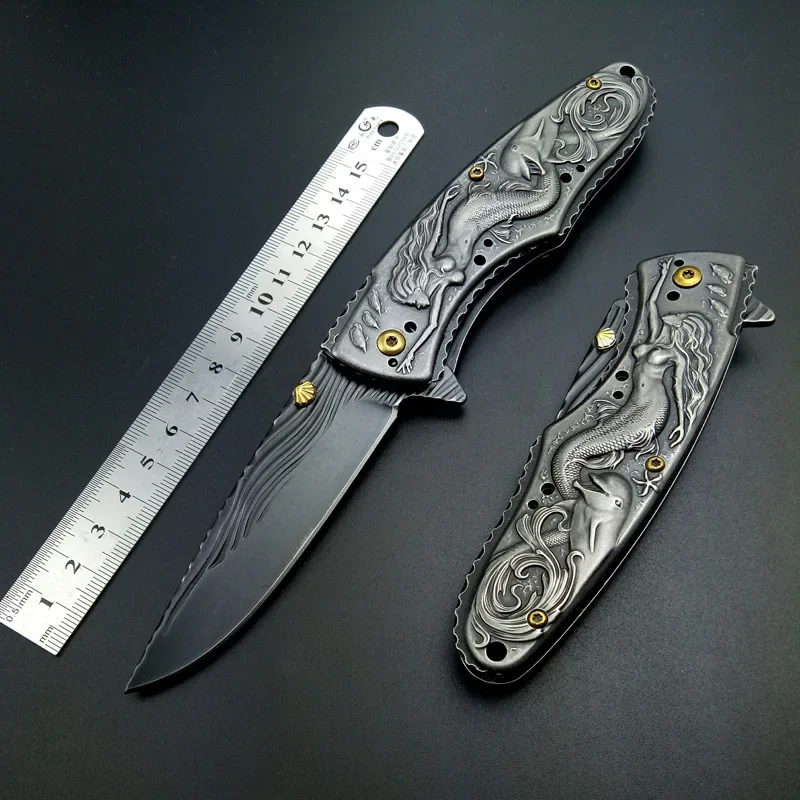 Survival Tactical Folding Knife Survival Camping Hunting Knives STAINLESS STEEL Outdoor Pocket knife Mermaid Brtithday Gift edc