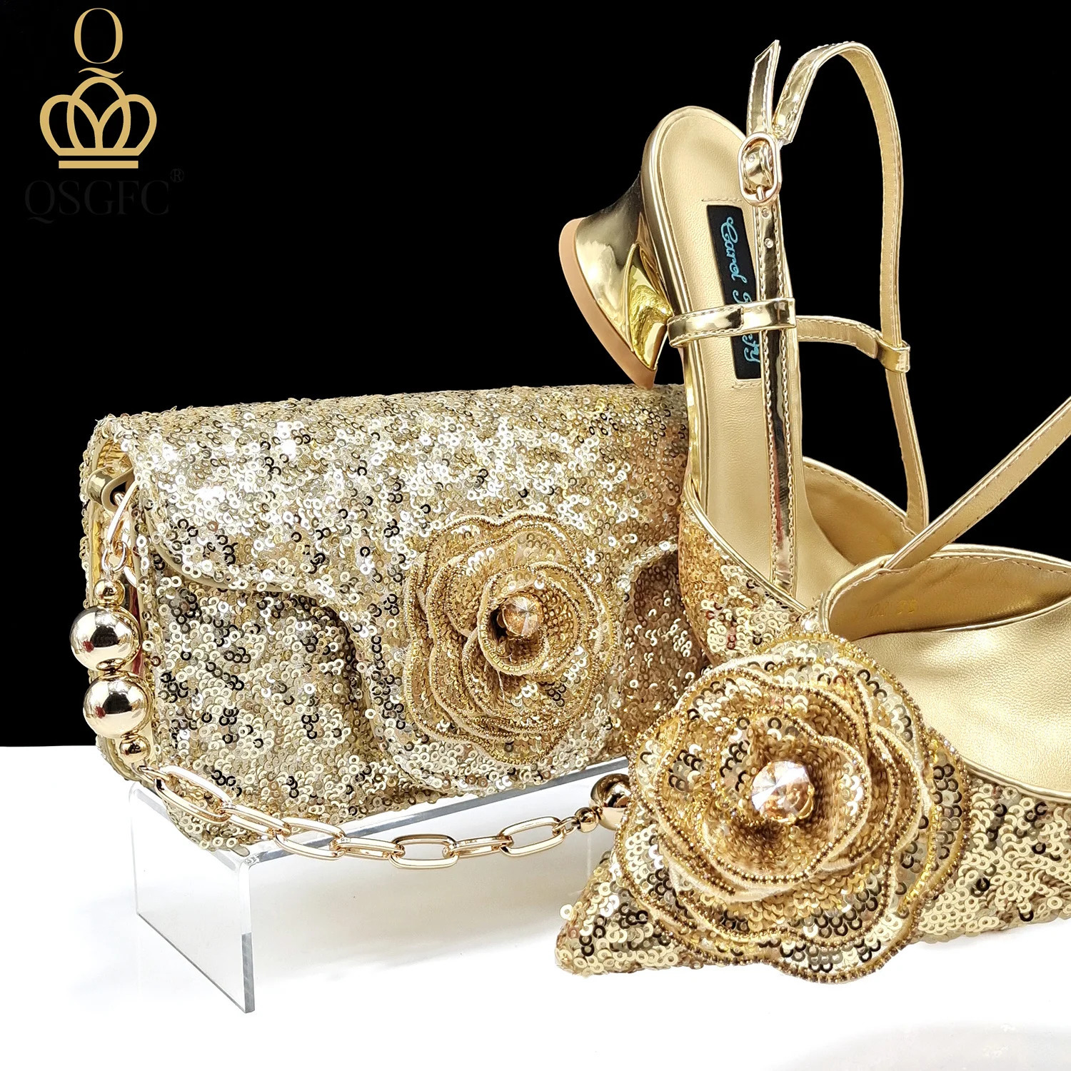 QSGFC Shiny Gold Shoes and Bags Elegant Handbags and High Heels Beautiful Handmade Flower Wedding Party 241024