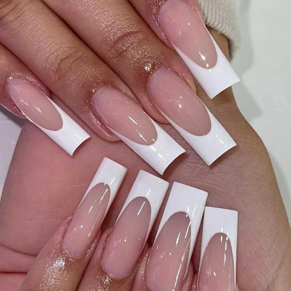 24pcs Extra Long False Nails French Patterns Press On Nails White Line Square Artificial Nail Tips Manicure Shiny Fake NailsXJ241025