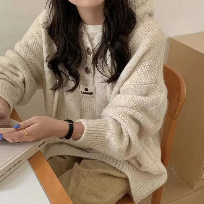 Korean Knitted Hooded Sweater Women Fall Winter Long Sleeved Warm Buttons Loose Pullover Solid Harajuku Lazy Sprots Sweatshirt 241021