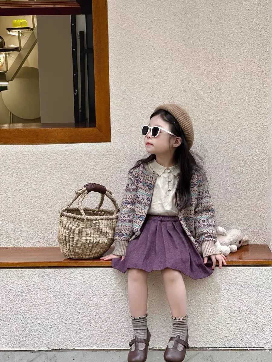 Sweater girl vintage wool cardigan pleated half skirt set baby autumn knitted half skirt 2024 W241025