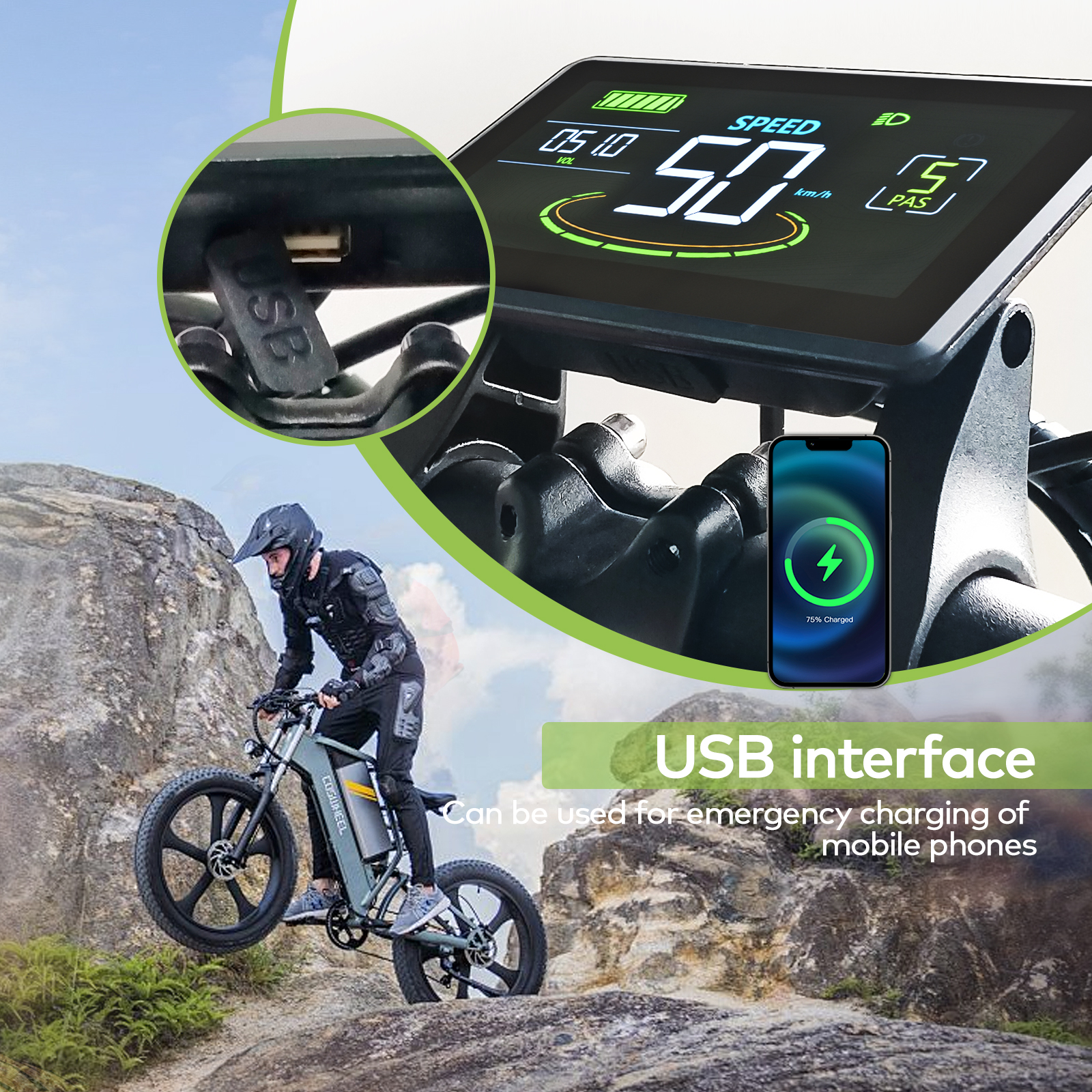 Electric bike computer with LCD display for 24V-60V bicycles with USB for mountain electric.