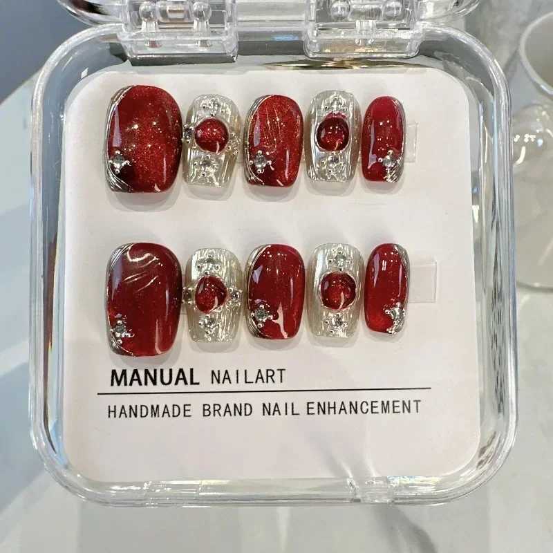 10pc wine red cat eye metal magic mirror designs artificial fake nails press on ballet full cover handmade false nails with glueXJ241025