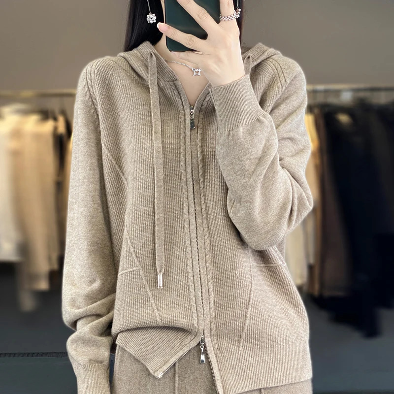 Autumn And Winter Womens Cashmere Sweater Solid Hooded Cardigan Fashion Women Thickening Knitted 241021