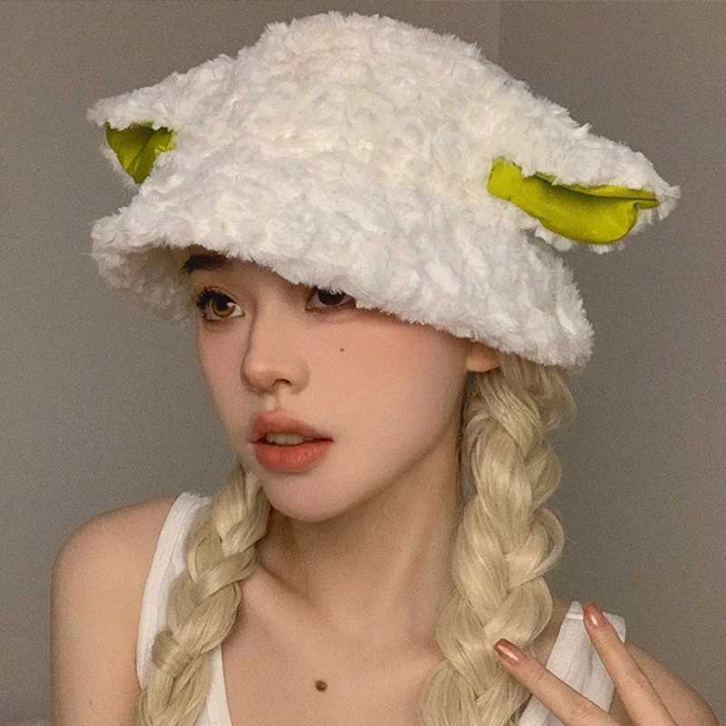 FLuffy Lamb Ear Bucket Hat Cute Sheep Ears Faux Fur Plush Beanies Winter Soft Warm Caps Women Outdoor Warm Panama Fisherman HatsX241025