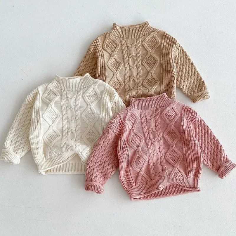 2024 Autumn/Winter Korean Childrens Pulley Sweater Boys and Girls Baby Knitted Thick Sweater Turtle Neck Loose Knitted W241025
