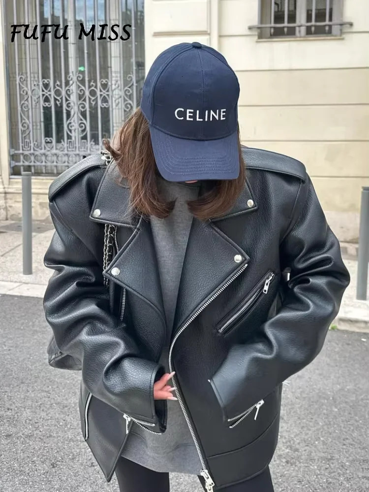 Retro collar leather jacket for women solid loose long sleeved zipper pocket jacket autumn womens motorcycle high street jacket 241025