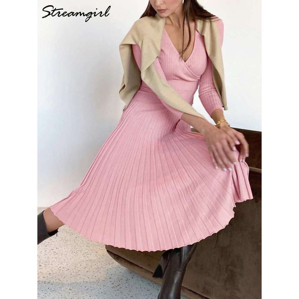 Pleated For 2023 Spring Autumn Sleeve Elegant Ladies Long Dresses V Neck Knitted Winer Women