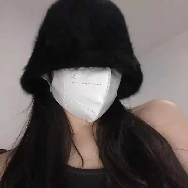 Rabbit Fur Fisherman Hat for Women Windproof Autumn-winter Basin Hat Head Round Plush Warm Black White Bucket Caps for FemaleX241025