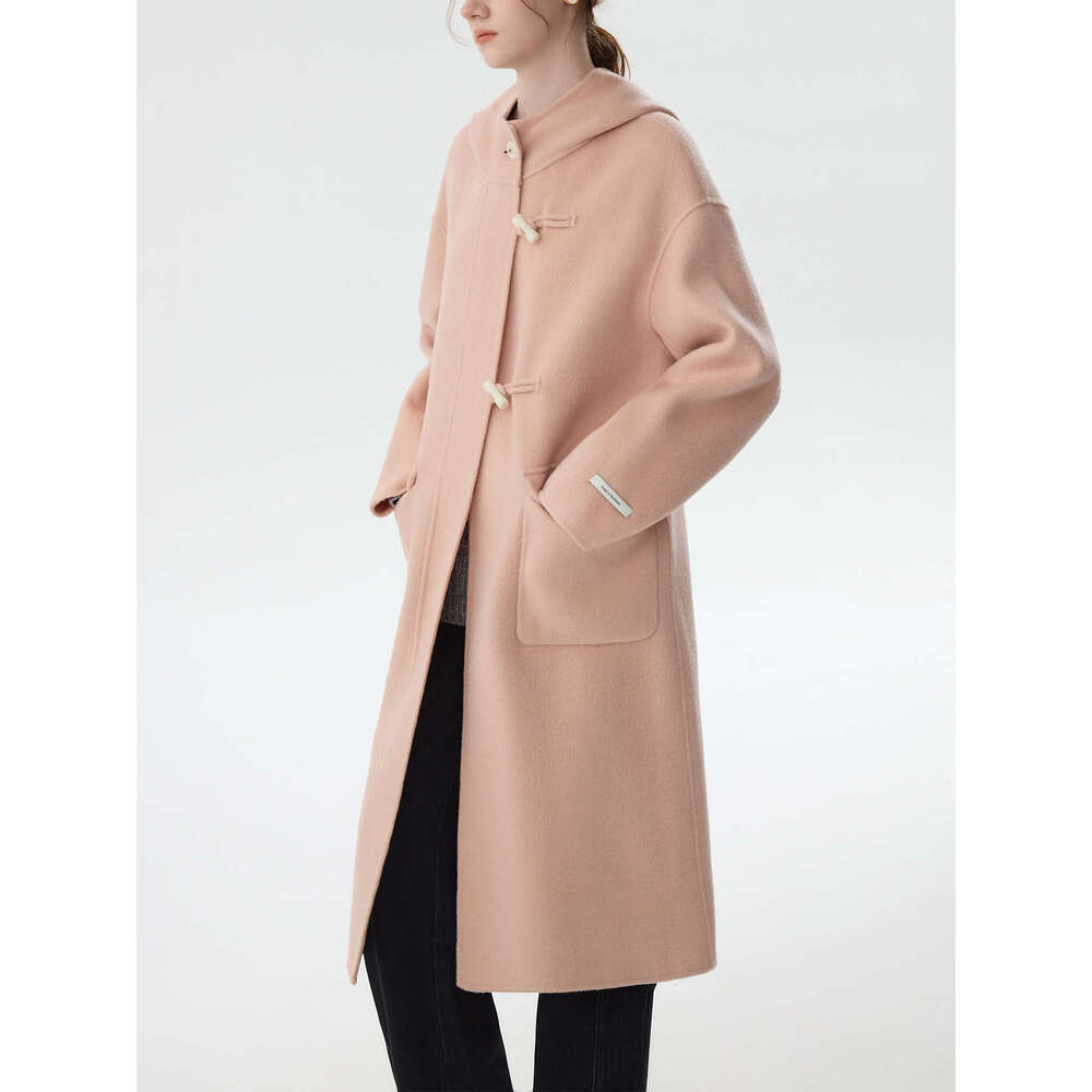 FSLE 100% Women Retro Red Horn Button Long Woolen Jackets Hooded Casual Commuter Pink Drop Sleeve Wool Coats 24Fs14227
