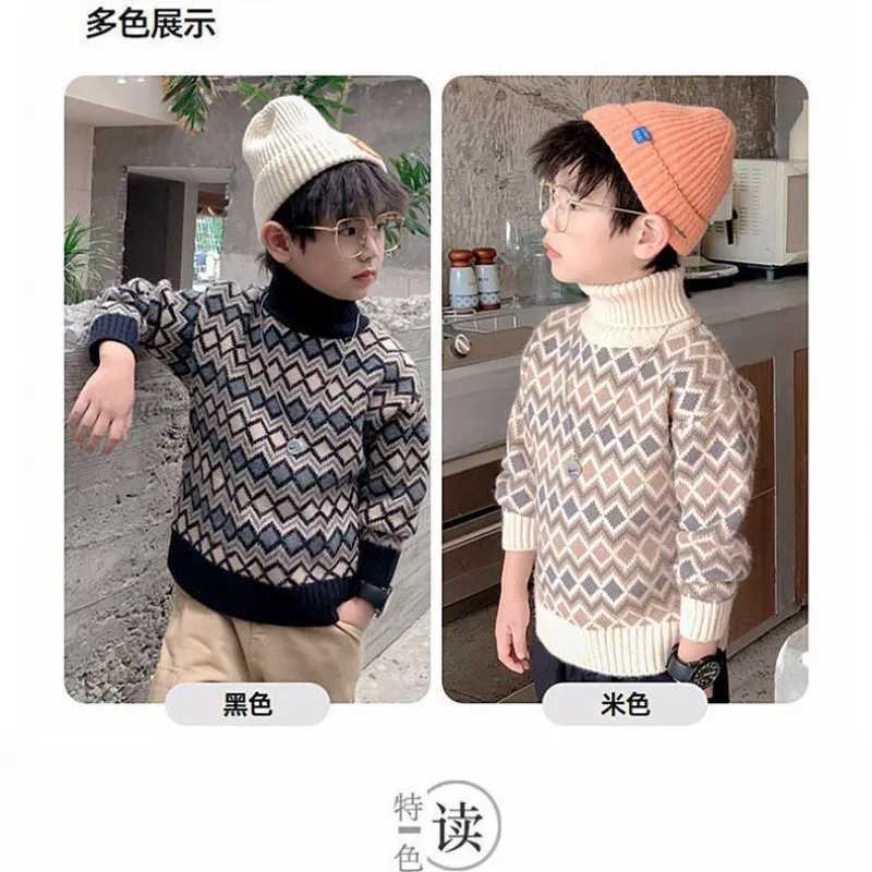 Autumn Children Boys Sweaters Cotton Argyle Thick Turtle Neck Babies Boys Pullover Long Sleeve Knitted Preschool Boys Bottom Top W241025