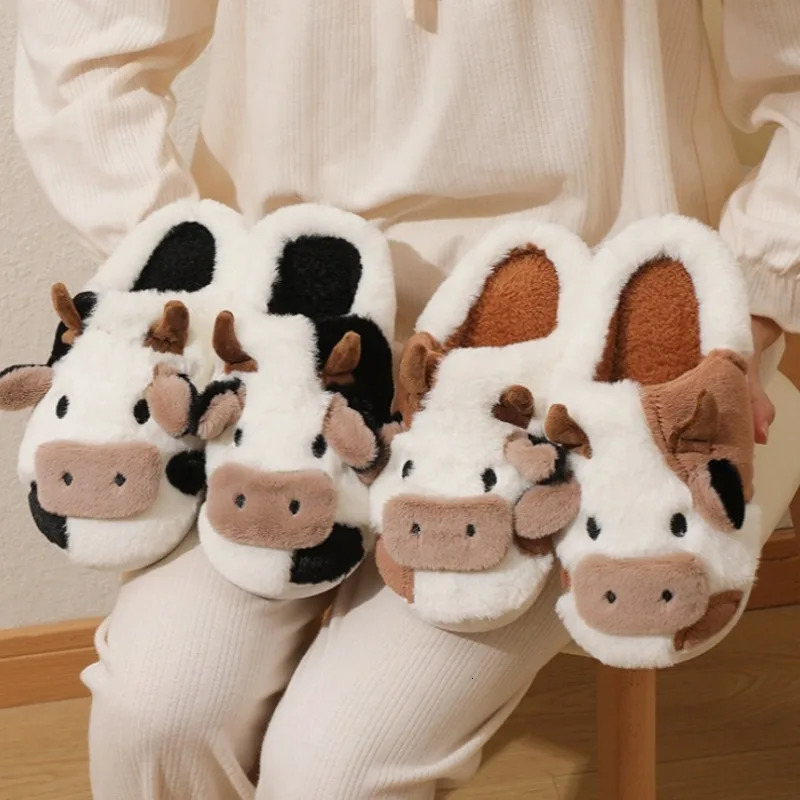 Winter Cartoon Neutral Cow Warm Plush Slide Couple Indoor Anti slip Slide Mens and Womens Toe Packaging Home Cotton Shoes 241024