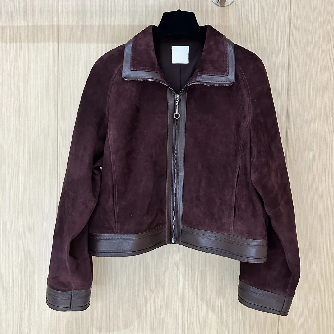 Genuine leather womens autumn solid sheepskin lapel zipper Normcore fashion basic womens clothing 241024