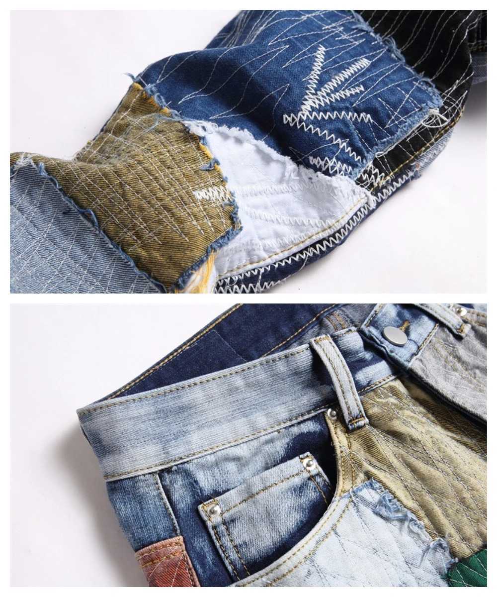 Men's Jeans Irregular Splicing Rainbow Jeans Mens Embroidered Denim Pants Lightning Thread Cat Beard Street Fashion Zipper Patch Q241024