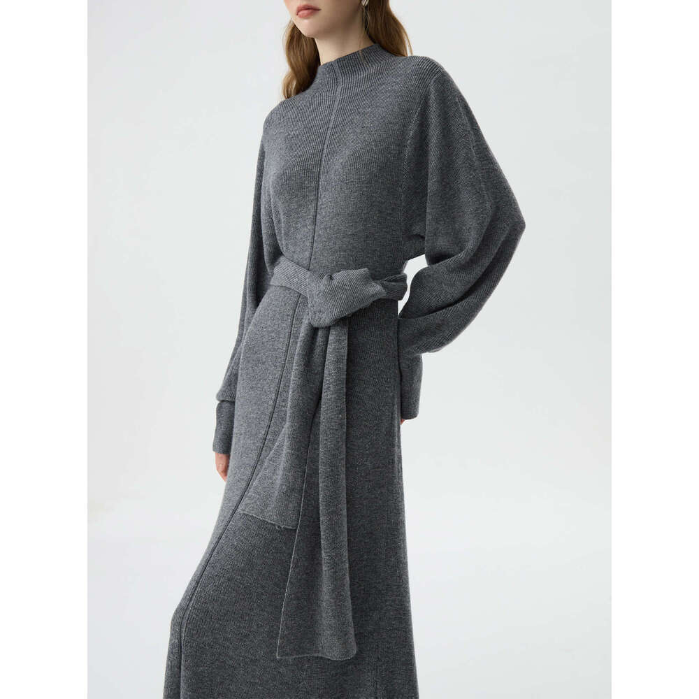 FSLE 33.8% Wool Half High Neck Knit Grey Elegant Women 2024 Winter New Design Bat Sleeve Gentle Dress No Scarf 24Fs14378