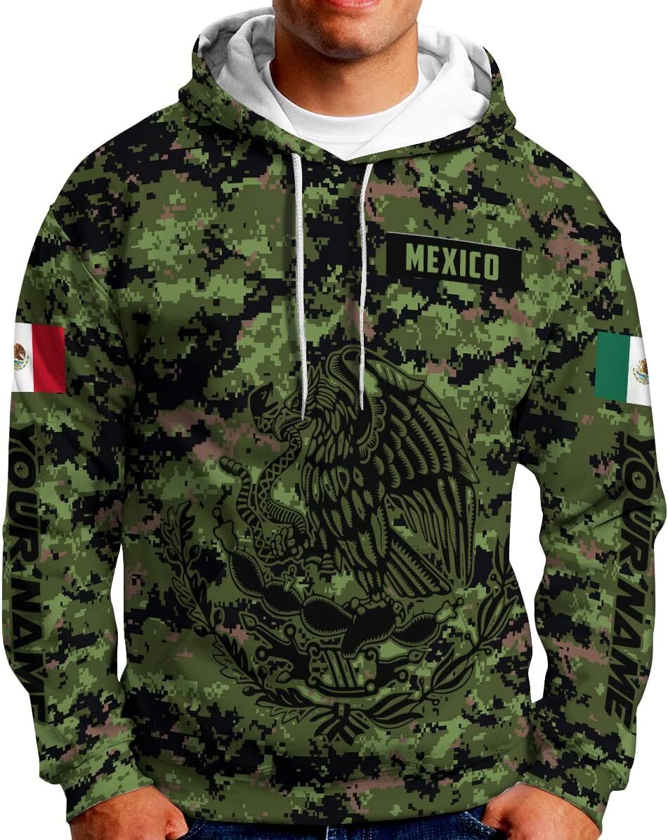 Hoodie for Mens Womens Personalized Name Army Camo Flag Mexican Mexico Sudadera De Mexico Hombre Unisex Hoodie Fashionable and Warm