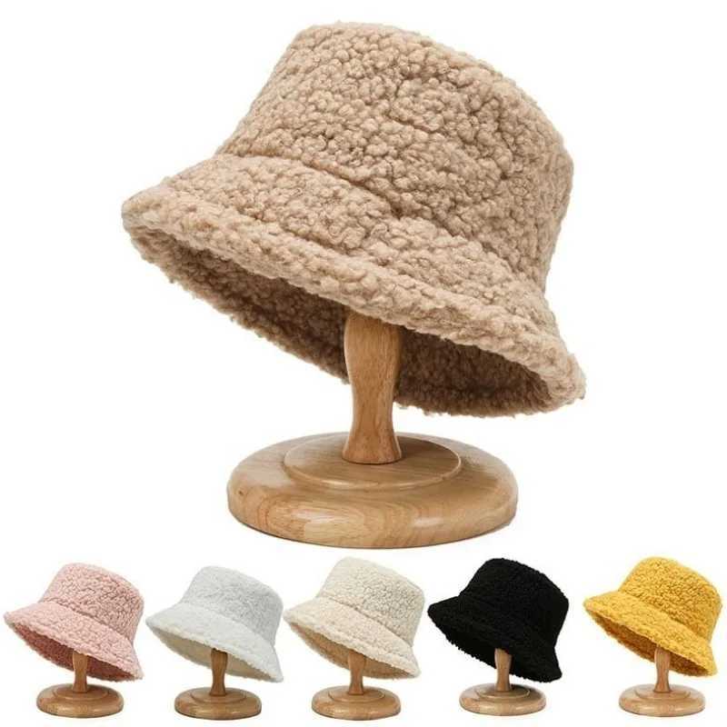 Lamb Faux Fur Bucket Hat Winter Warm Velvet Hats for Women Lady Thicken Bob Panama Outdoor Street Fisherman Hats Caps GirlsX241025