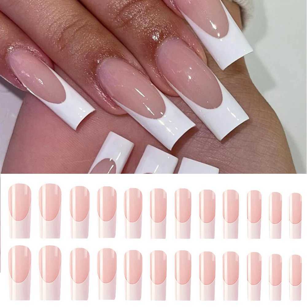 24pcs Extra Long False Nails French Patterns Press On Nails White Line Square Artificial Nail Tips Manicure Shiny Fake NailsXJ241025