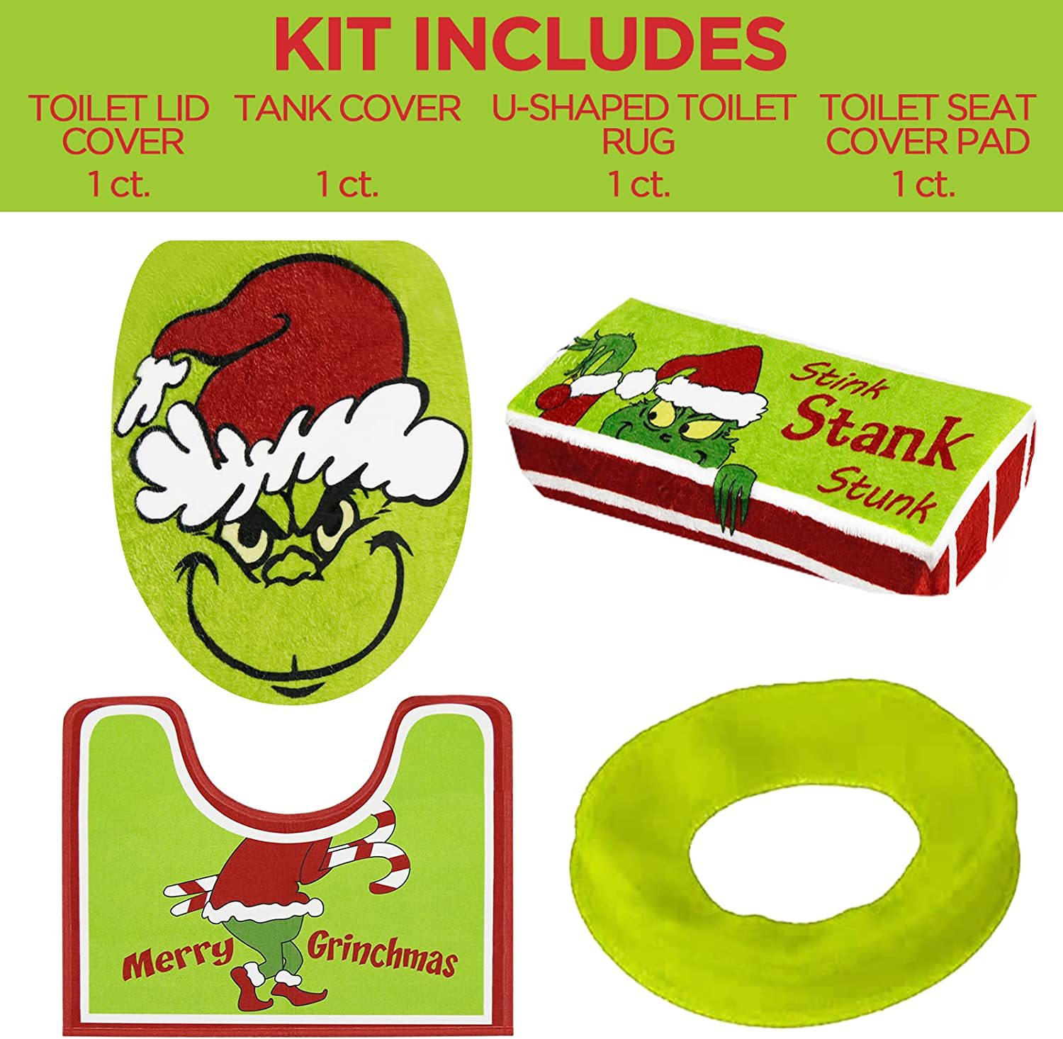 Christmas Decorations Xmas Bathroom Sets Grinch Green Monster Toilet Seat Cover and Rug for Indoor Home Bathroom Sets of 4 pcs (Red - Green) FY1045