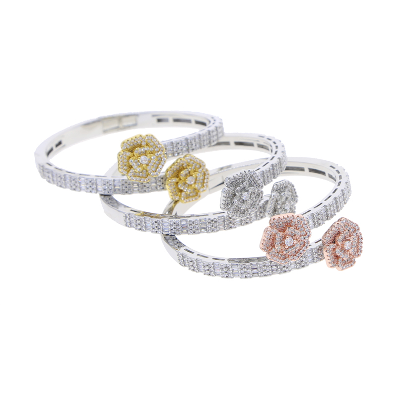 Fashion Flower Cubic Zircon Charm Bracelet Bling Cz Paved Iced Out Opened Rose Bangle for Men Women Hip Hop Luxury Jewelry