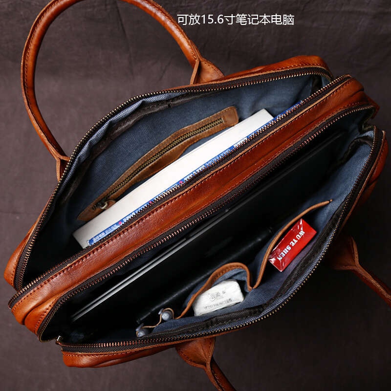 Retro Handmade Men's Handbag Top Layer Cowhide Horizontal Computer Bag Vegetable Tanned Leather Zipper Briefcase NZPJ