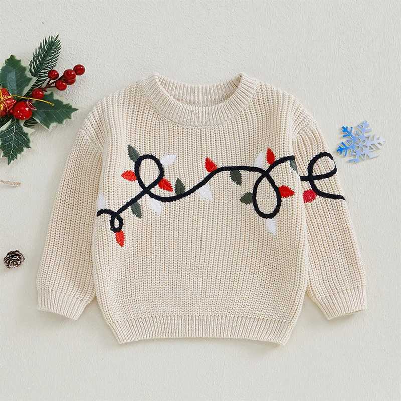 Girl and Boy Christmas Knitted Sweater Long Sleeve O-Neck Beaded Lamp Embroidery Pulling Flower Knitted W241025