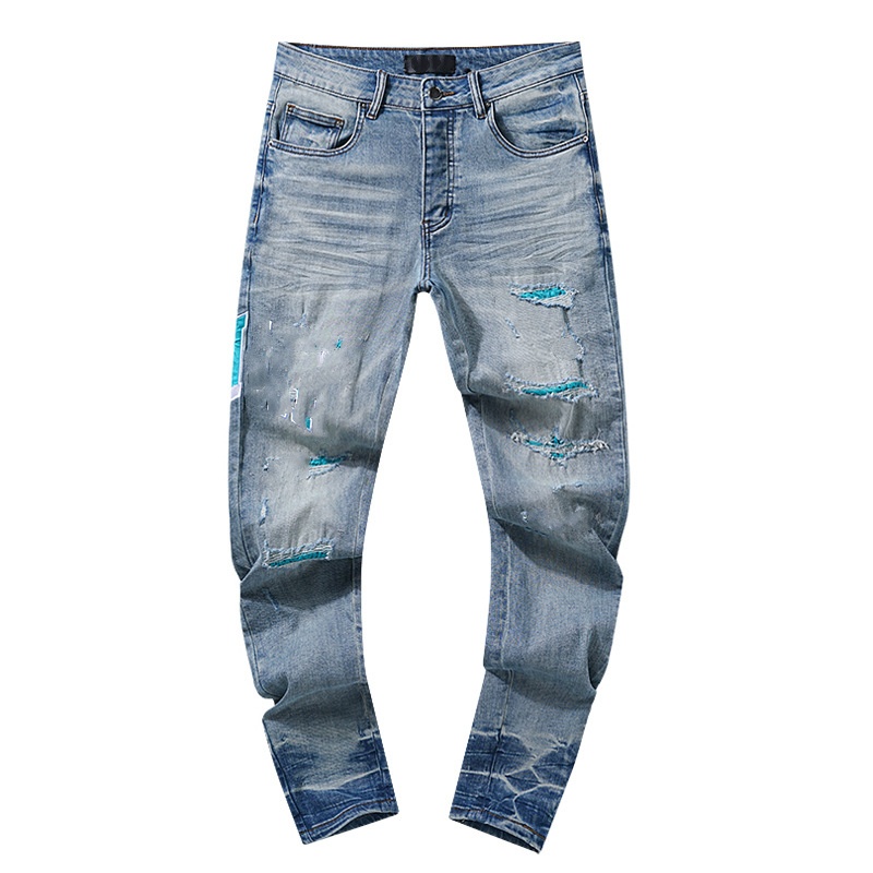 Fashion Jean Knee Hole Street Wear Motorcycle Sweatpants Casual Designer Jogger Pants Hip Hop Black Blue Jeans Men