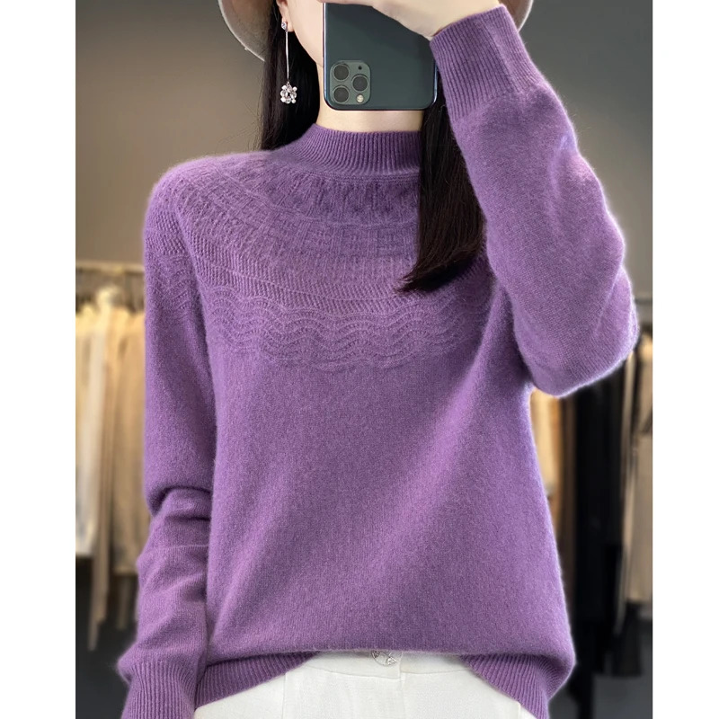 Autumn Winter Women 100% Merino Wool Pullover Mockneck Basic Sweater Hollow Solid Cashmere Knitwear Female Bottoming Shirt 241021