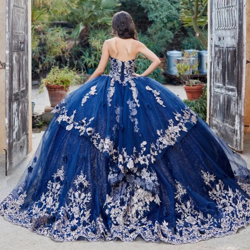 Navy Blue Quinceanera Dresses Ball Gown Gold Lace Applique Beading Tiered Corset Birthday Party Sweet 16 Dress Vestidos De XV 15 Anos