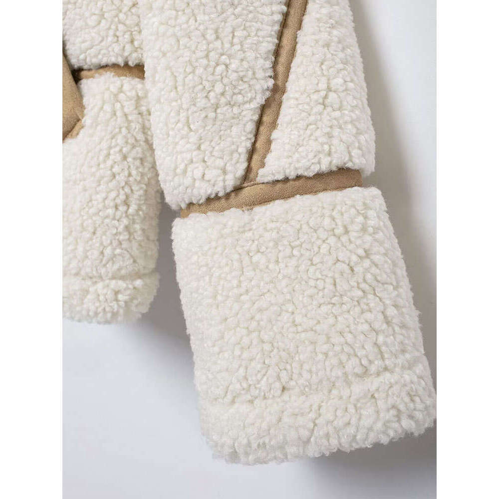 TRAF 2024 Winter Women Lamb Fleece Jacket Lapel Zipper Contrast Color Integrated Overcoat Versatile Warm Thickened Coat