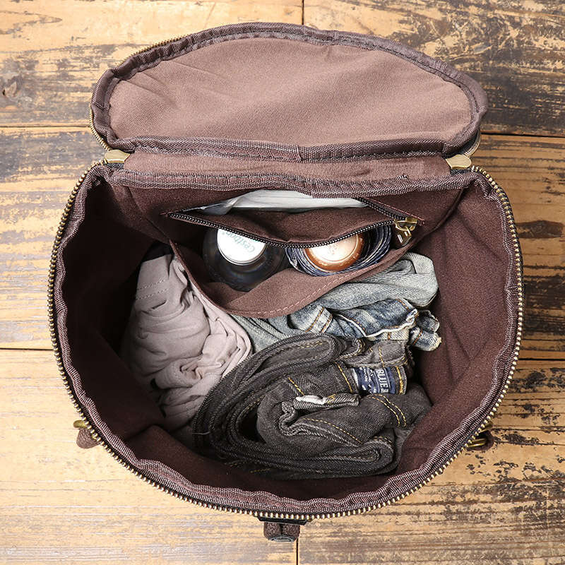 Leathfocus New Head Layer Cowhide Round Bucket Bag Women Travel Fashion Large Handbag Men Retro Tote Backpack