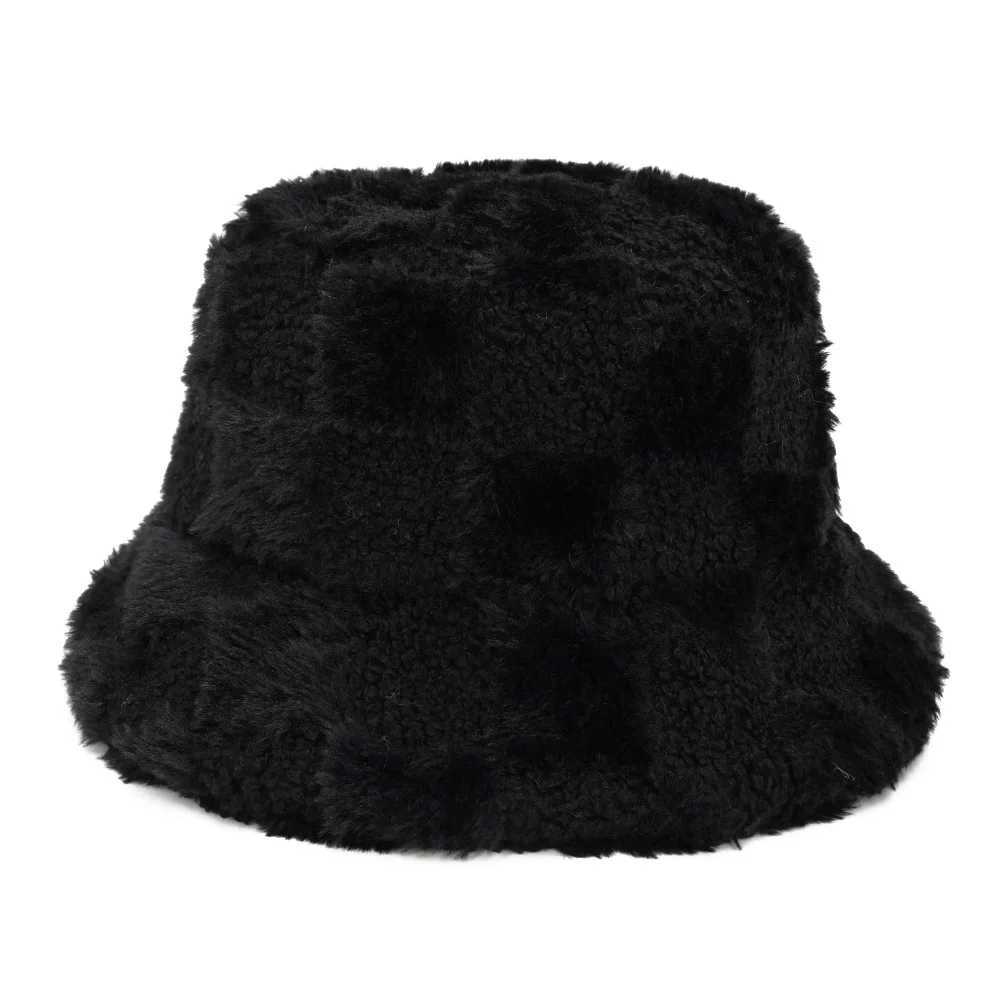 Checkerboard Splicing Winter Bucket Hats Keep Warm Thick Fur Fluffy Women Men Outdoor Fashion Windproof Female Fisherman CapsX241025